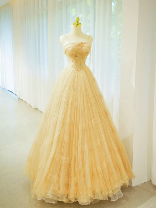 Wunderschöne Abschlussballkleider Ballkleid Spaghetti-Träger Gelber Tüll mit Perlen Lange formelle Robe N2932