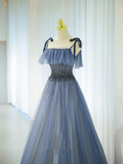 Robe de Soirée Longue de Bal de Promo en A Douce Bleue Grise avec Perles et Bretelles Fines N2856