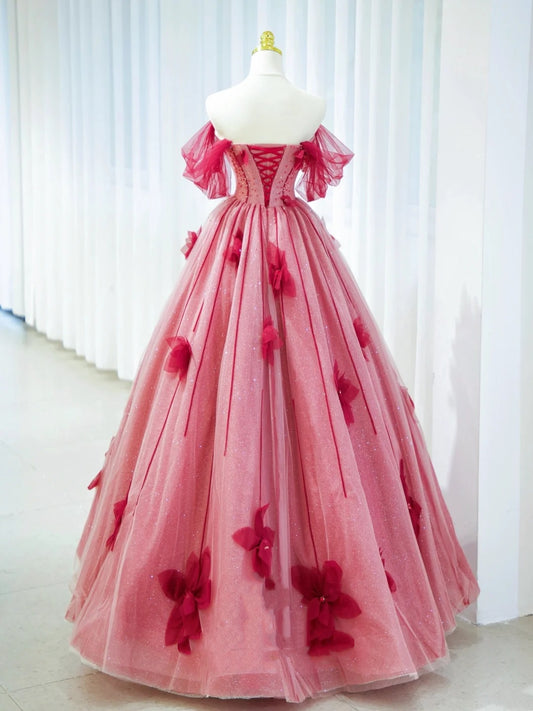 Pretty Prom Dresses Ball Gown Off The Shoulder Red Tulle With Flowers Long Formal Gown N2937