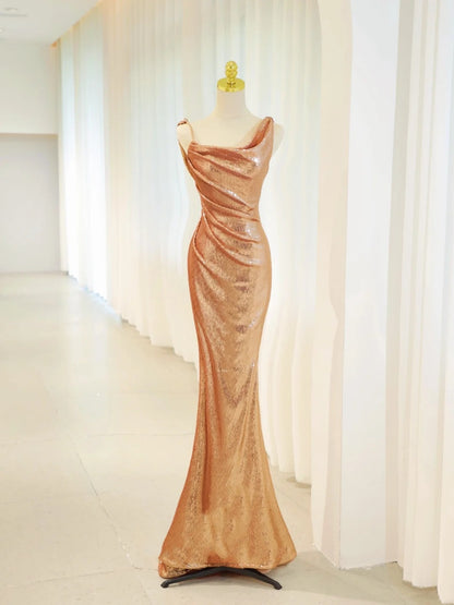 Belles robes de bal sirène dorées à sequins avec longue robe de soirée plissée N2935