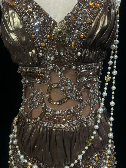 Robes Esthétiques de Bal Vintage Sirène Col en V Satin Marron avec Perles Gemme Longue Robe de Soirée Formelle N3021