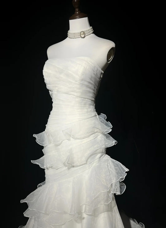 Unique Wedding Dresses Mermaid Strapless Sleeveless White Long Bridal Gown N3125