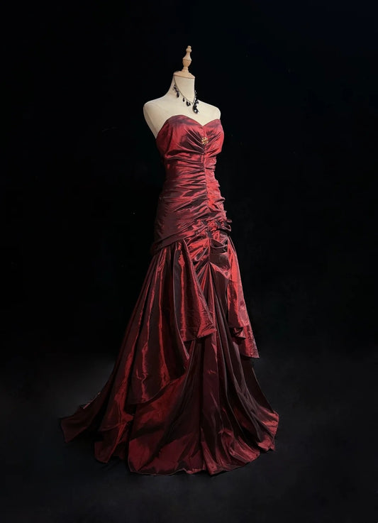 Vintage 90s Prom Dresses Mermaid Sweetheart Burgundy Taffeta With Ruffled Long Prom Gown N3031
