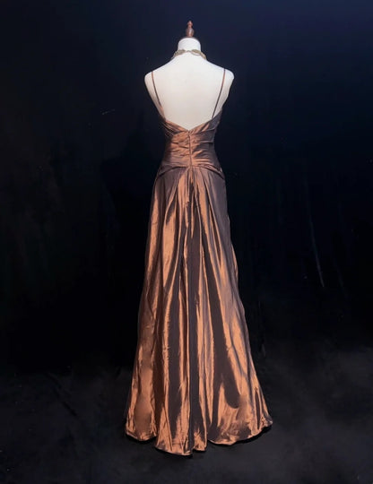 Robes de bal vintage sirène à fines bretelles marron satin années 80 longues tenues de soirée formelles N3876