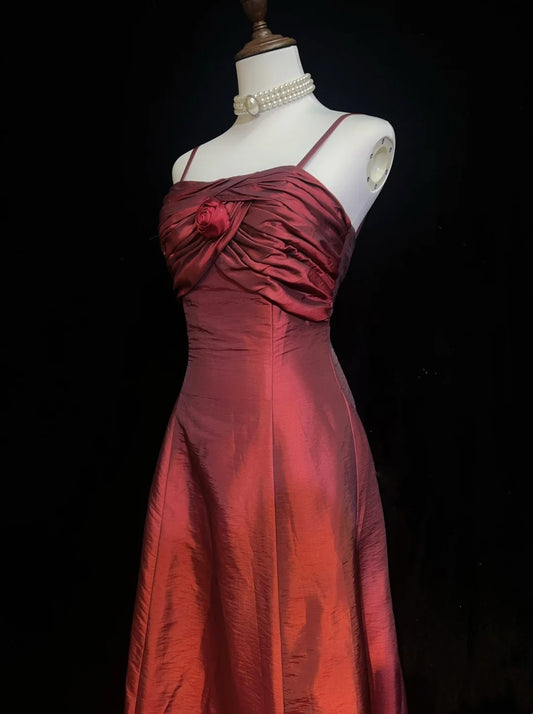 Elegant Prom Dresses A line Spaghetti Strap Burgundy Taffeta With Ruffle Sleeveless Long Formal Gown N2884