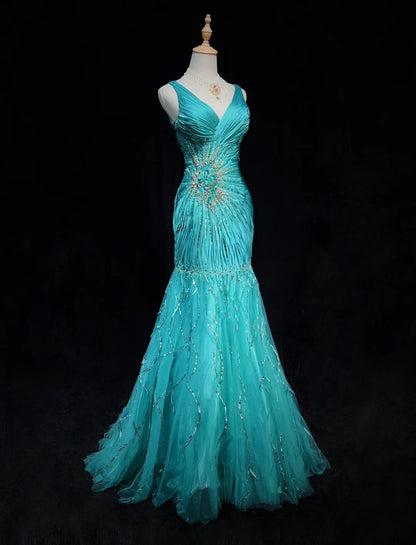 Bescheidene Abschlussballkleider Inspiration Meerjungfrauen-V-Ausschnitt Blau mit Rüschen und Perlen für Damen Formelles Kleid N3234