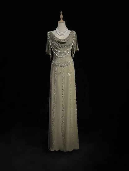 Vintage Prom Dresses A Line Cowl Neck Chiffon With Beaded 80s Evening Formal Dress RB3273