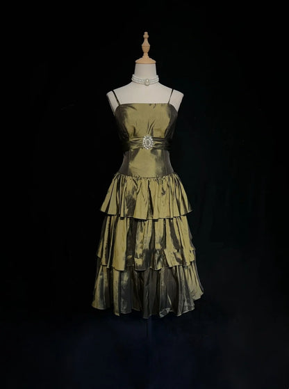 Vintage A-Linien Spaghettiträger Olivenbraunes Knielanges Partykleid Cocktailkleid Homecoming Kleider N3901