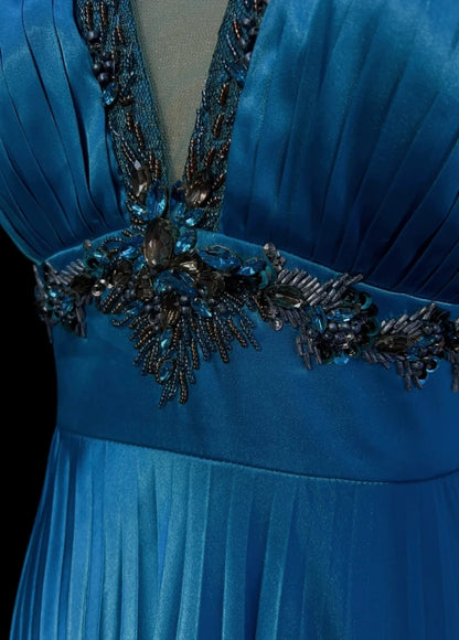 Robes de bal vintage en satin bleu avec perles, coupe trapèze, dos nu, mi-longues, style années 80, robe de soirée N2581