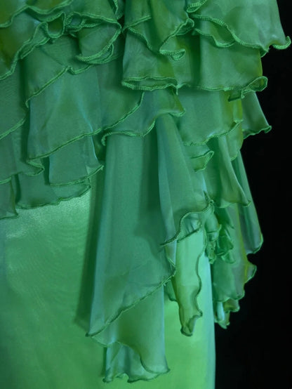 Schöne Ballkleider A-Linie Spaghettiträger Grün Chiffon mit Rüschen Lange Abendgarderobe N3331