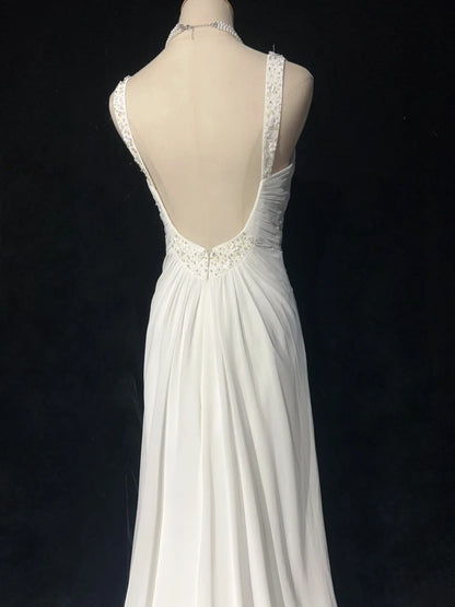 Einfache weiße Abschlussballkleider A-Linie V-Ausschnitt Chiffon Ärmellos mit Perlen Semi-formelles Abendkleid N3820