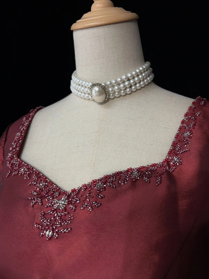 Vintage 90er Abschlussballkleider A-Linie Sweetheart Burgunderrot mit Perlenstickerei Langes Abschlussballkleid N3006