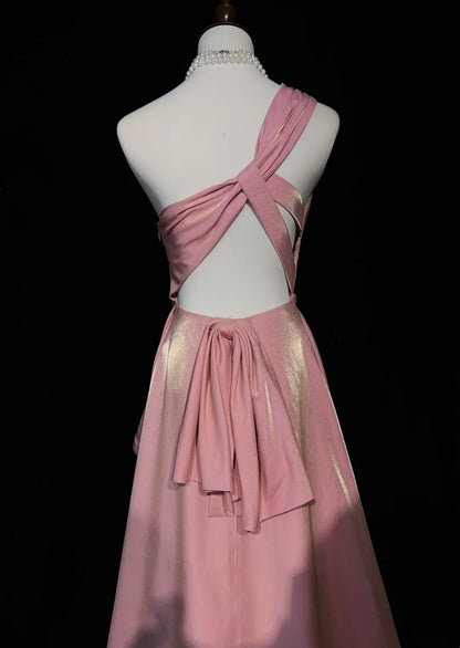 Vintage Ballkleider 1960er A-Linie One Shoulder Pink High Low Satin Ballkleid N3101