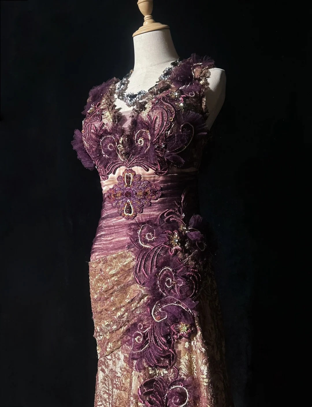 Robes de bal vintage sirène col en V dentelle dorée avec fleurs tenues de soirée formelles longues années 80 N3881