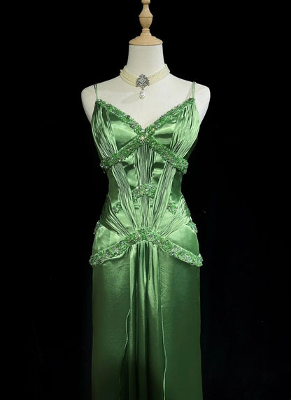 Vintage Prom Dresses A Line Spaghetti Strap Green Satin With Beading Long Formal Dress N2455
