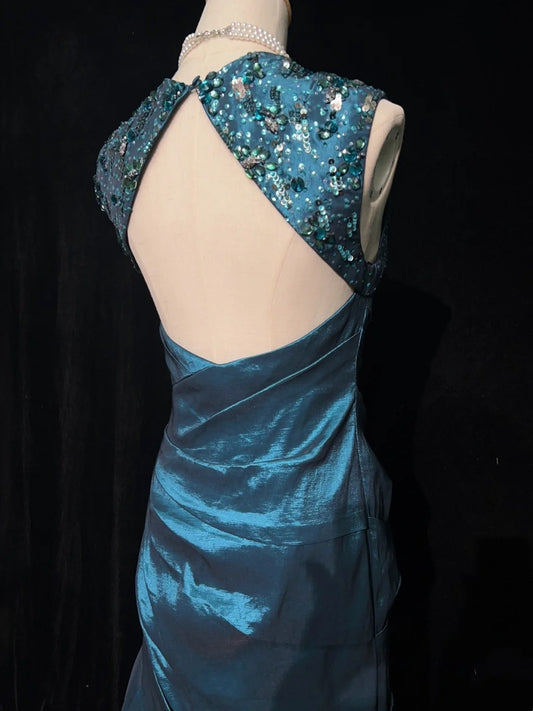 Belles robes de bal sirène col carré sarcelle dos nu avec bustier volanté longues tenues de soirée N3363