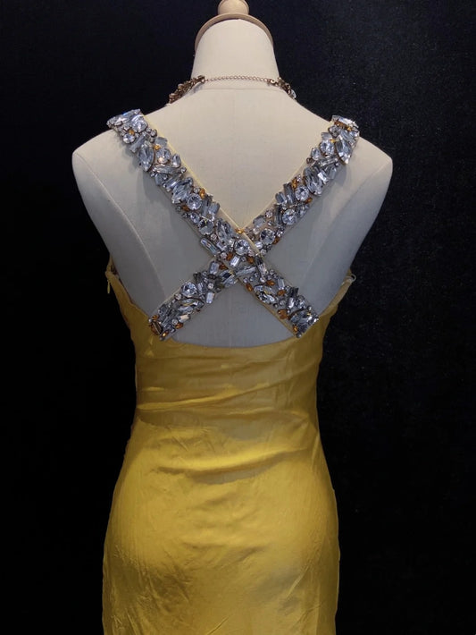 Belles robes de bal sirène en mousseline de soie jaune à bretelles spaghetti et perles, longues tenues de soirée N3325
