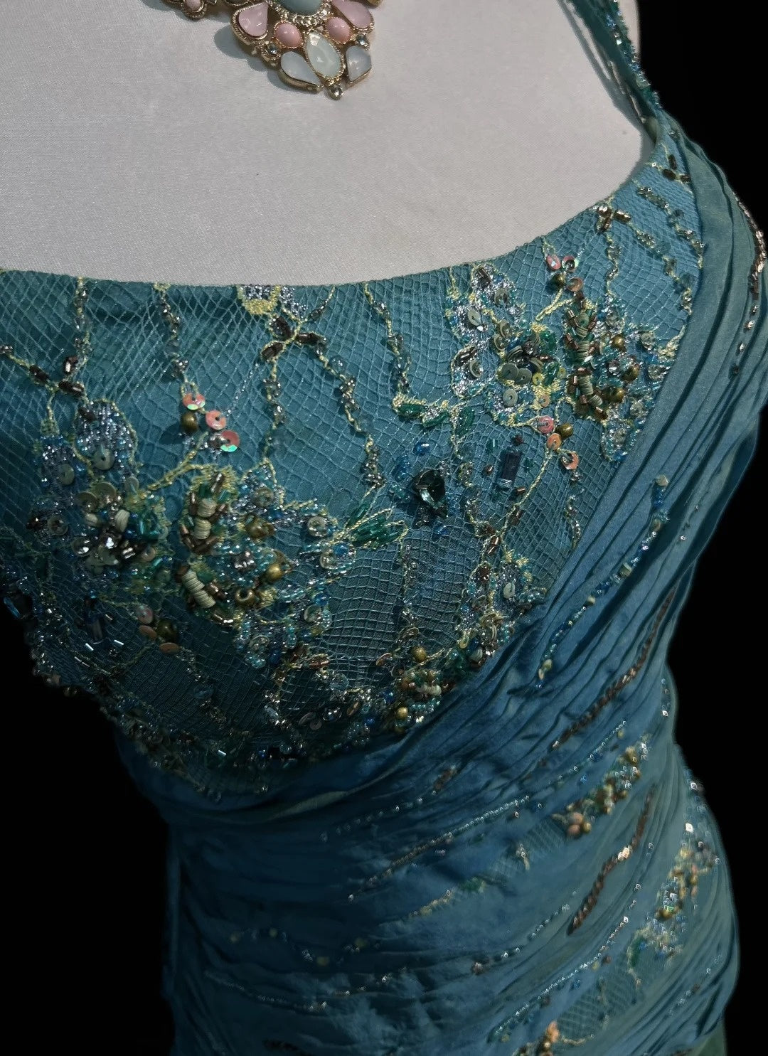 Robes de bal vintage coupe trapèze années 2000 à fines bretelles en mousseline bleue avec perles dentelle longue robe de soirée N2459
