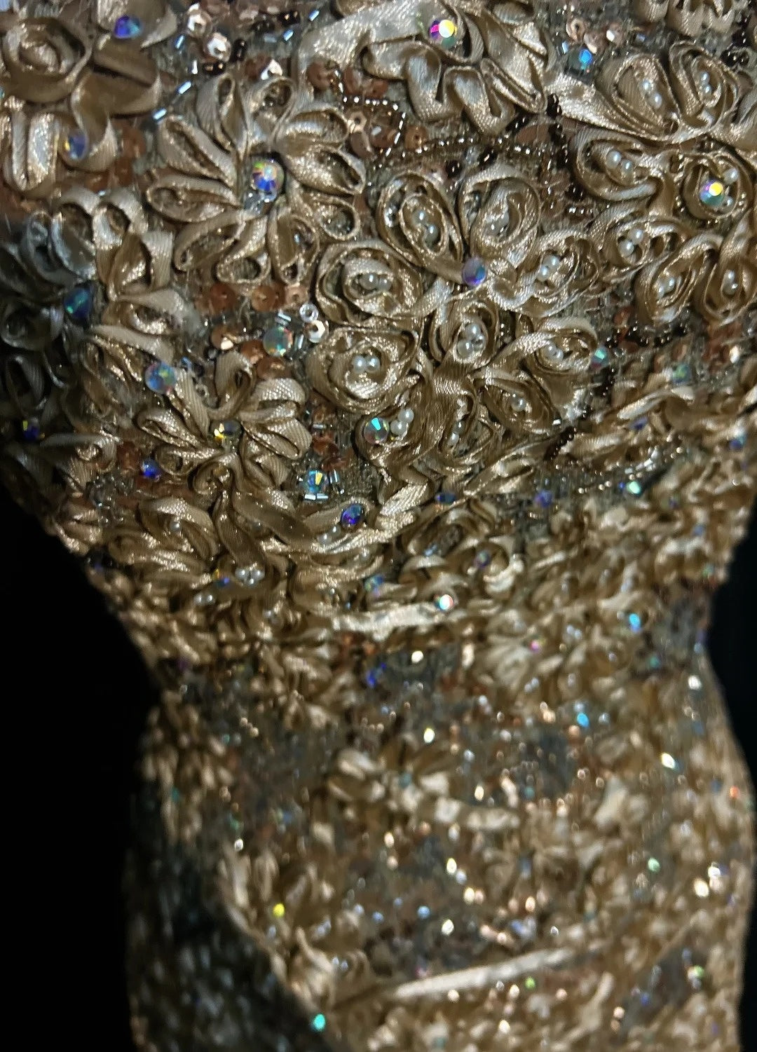Vintage Abiballkleider 1960er Meerjungfrau Trägerlos Gold Spitze Lang Abiballkleid N3103