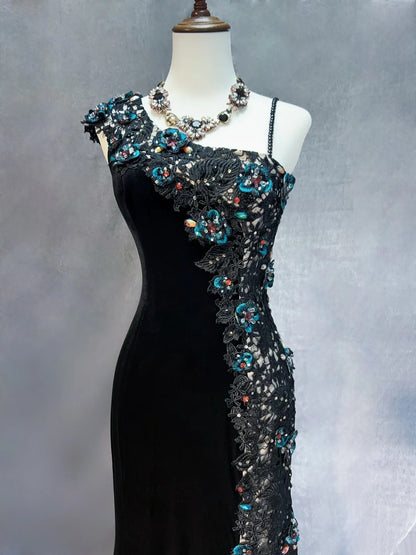 Robes de bal vintage Sirène Asymétrique Velours Noir Paillettes avec Fente Longue Robe de Soirée Années 70 N2579