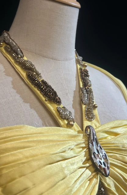 Robes de bal vintage trapèze, dos nu, jaunes années 70 avec perles, en mousseline, longue robe de soirée formelle N2526
