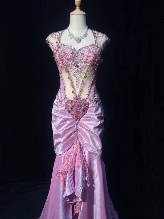 Vintage Prom Dresses Mermaid Sweetheart Lilac Lace Satin With Beading 80s Long Formal Evening Outfits N3883