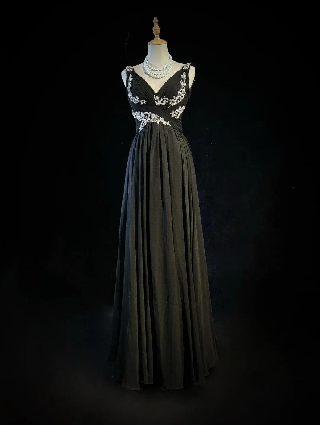 Robes de bal vintage en mousseline de soie, coupe trapèze, col en V, style années 80, avec perles, longues, pour soirées formelles N4221