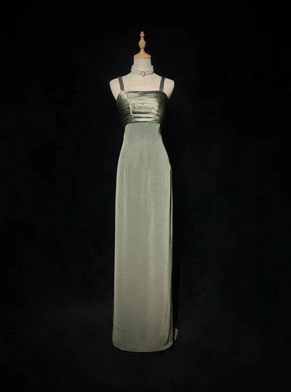 Robes de bal vintage, ligne A, bretelles spaghetti, satin vert avec perles, longue robe de soirée N2503