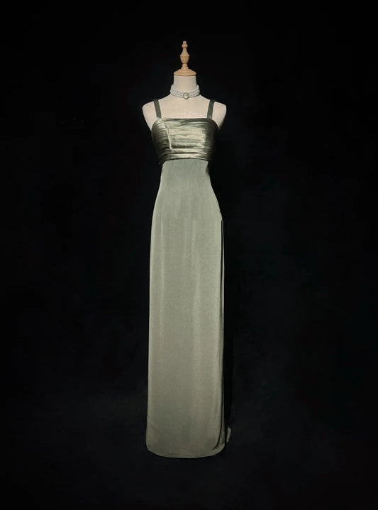Vintage Prom Dresses A Line Spaghetti Strap Green Satin With Beading Long Formal Dress N2503