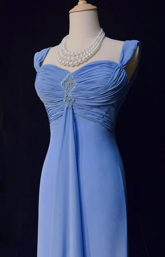 Vintage Prom Dresses A line Off The Shoulder Blue Chiffon With Beading Cape 1970s Long Formal Gown N2612