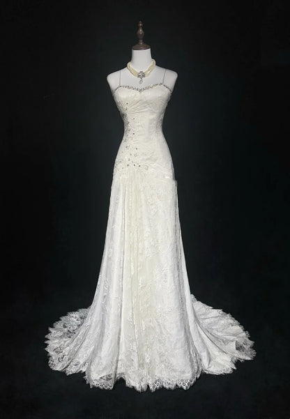Robes de mariée uniques sirène, bretelles spaghetti, dentelle blanche, longue robe de mariée N3096