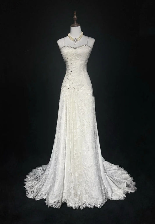 Unique Wedding Dresses Mermaid Spaghetti Strap Lace White Long Bridal Gown N3096
