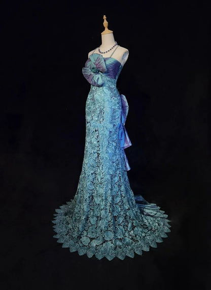 Robes de bal vintage sirène bretelles fines dentelle avec nœud années 90 longue robe de soirée N2893