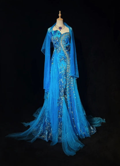 Vintage Prom Dresses 1960s Mermaid Spaghetti Strap Blue Tulle With Beads Sleeveless Prom Dresses Evening Formal Outfits RB5124
