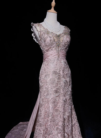 Vintage Abschlussballkleider 1960er Jahre Meerjungfrau V-Ausschnitt Rosa Spitze mit appliziertem perlenbesetztem langen Abschlussballkleid N3107