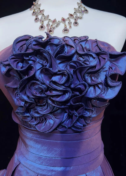 Vintage-Ballkleid, trägerlos, lila Taft, kurzes Partykleid, Cocktailkleid, Heimkehrkleid N3891
