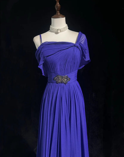 Robes de bal vintage, ligne A, fines bretelles, bleu roi, années 90, avec volants, perles, longue robe de soirée formelle N2506