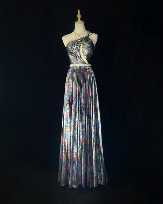 Vintage Prom Dresses 1980s A line One Shoulder Beaded Long Prom Gown N3121