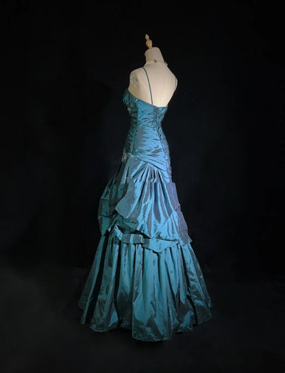Vintage Ballkleider Ballkleid Spaghettiträger Teal Blau Ärmellos Taft 90er Langes Abendkleid N2893