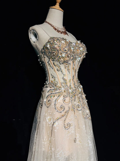 Robes de bal vintage des années 90, ligne A, bretelles spaghetti, tulle champagne, longues tenues de soirée semi-formelles N3651
