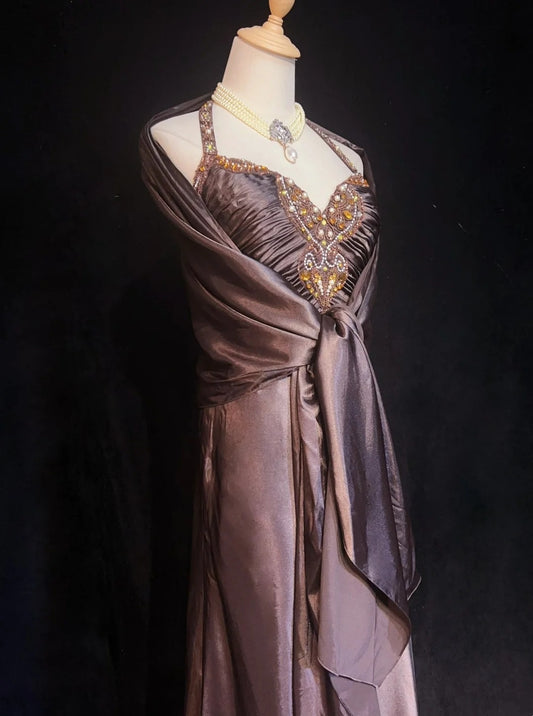 Vintage Prom Dresses A Line Halter Brown Sleeveless Satin With Cape Beading 1980s Long Formal Gown N2864