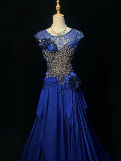 Robes de bal élégantes coupe trapèze col rond bleu roi mousseline dentelle perlée longue robe de soirée N2916
