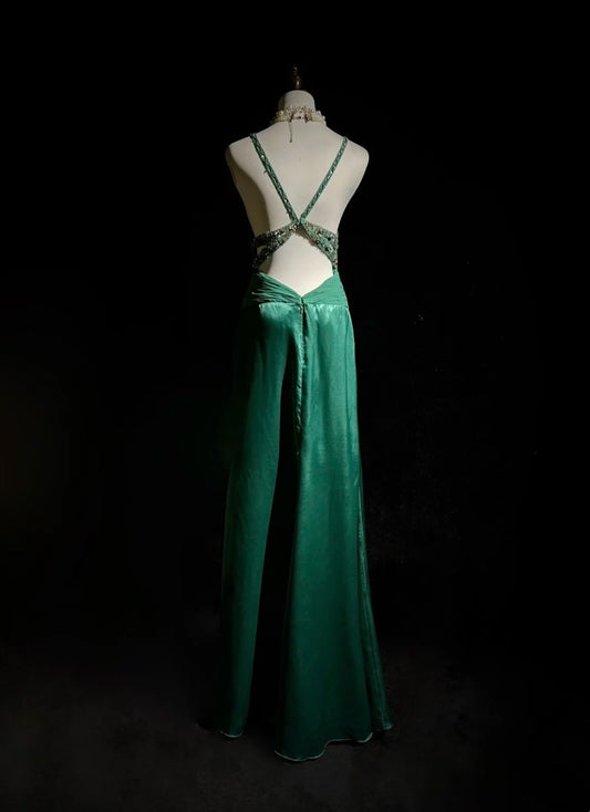 Vintage Prom Dresses Mermaid V Neck Green Chiffon With Ruffles Backless Long Formal Dress N2512