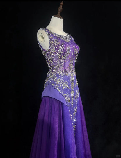 Vintage Prom Dresses 90s Mermaid Scoop Purple Tulle Long With Beading Evening Formal Outfits RB5145