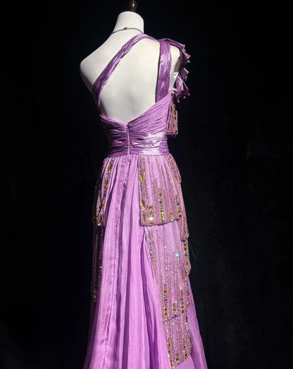 Vintage Ballkleider Inspo A-Linie One-Shoulder Flieder Chiffon 1990er Mit Perlen Abendkleider N3324