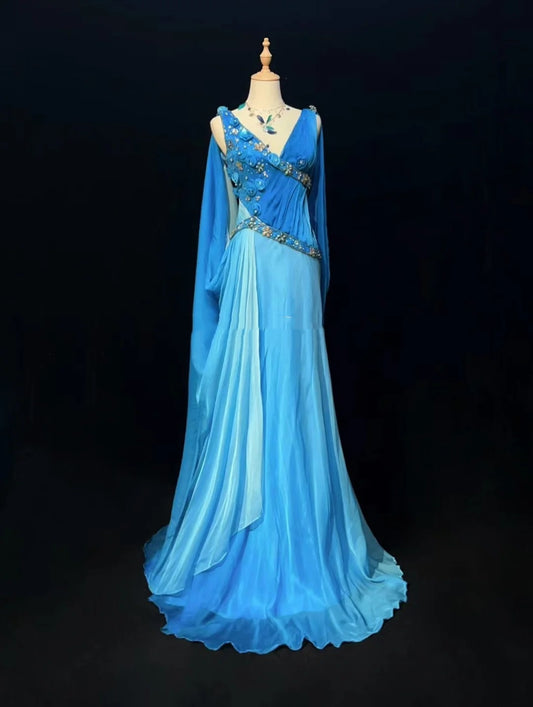 Vintage Prom Dresses Mermaid Gradient Colors Royal Blue V Neck With Sparkles Beaded 80s Evening Formal Dress RB3275