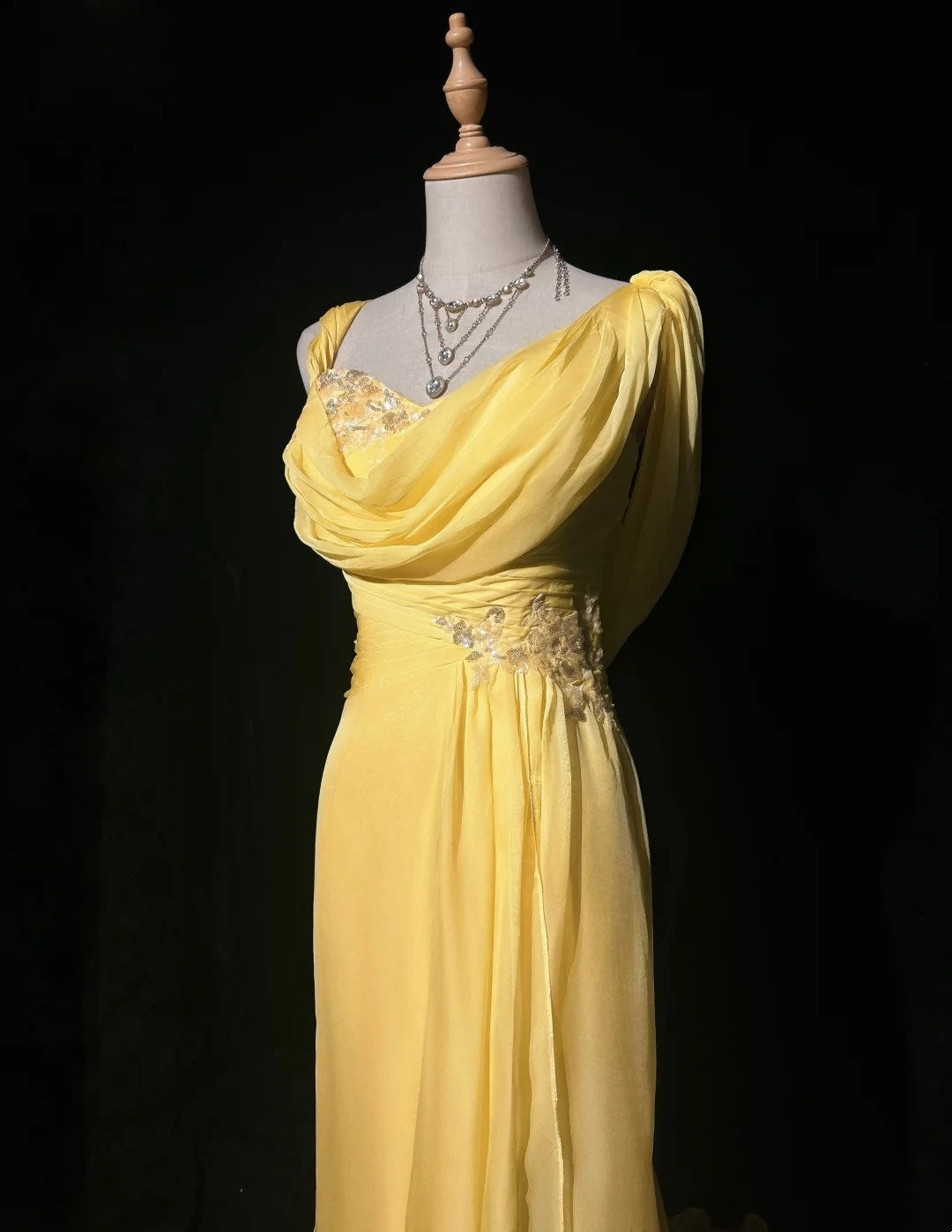 Robes de bal vintage sirène jaune mousseline avec applications années 80 longue robe de soirée N2733