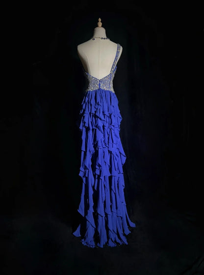 Robes de bal élégantes coupe trapèze asymétriques, une épaule, en mousseline bleu roi avec perles, sans manches, longue robe de soirée N2881