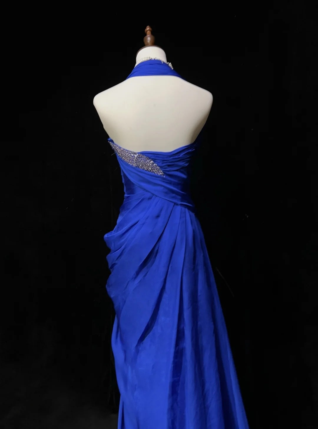 Vintage Prom Dresses 90s Sheath Halter Royal Blue Chiffon Long With Beading Evening Outfits N3137