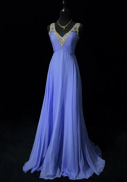 Elegante Ballkleider A-Linie Lavendel Chiffon V-Ausschnitt mit Perlenbesatz Lange formelle Abendgarderobe N3705